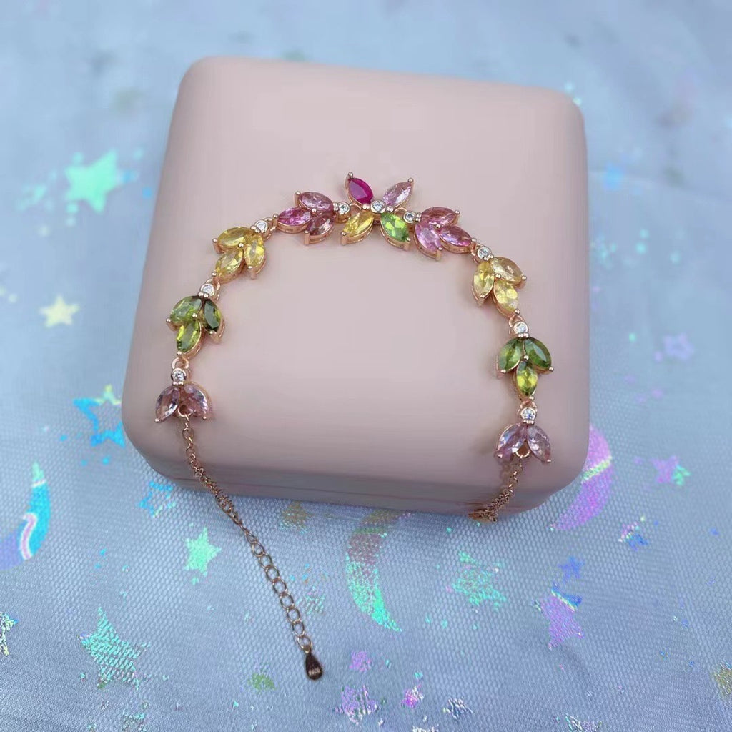 Natural Tourmaline S925 Sterling Silver FloralLeaf Sparkle Bracelet Colorful Watermelon Tourmaline Elegant Bracelet