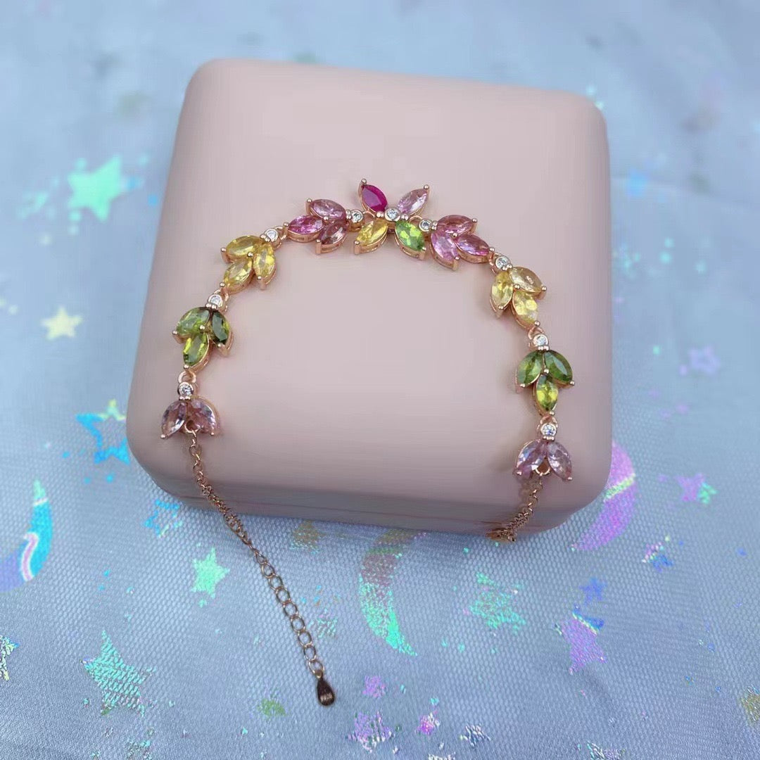 Natural Tourmaline S925 Sterling Silver FloralLeaf Sparkle Bracelet Colorful Watermelon Tourmaline Elegant Bracelet