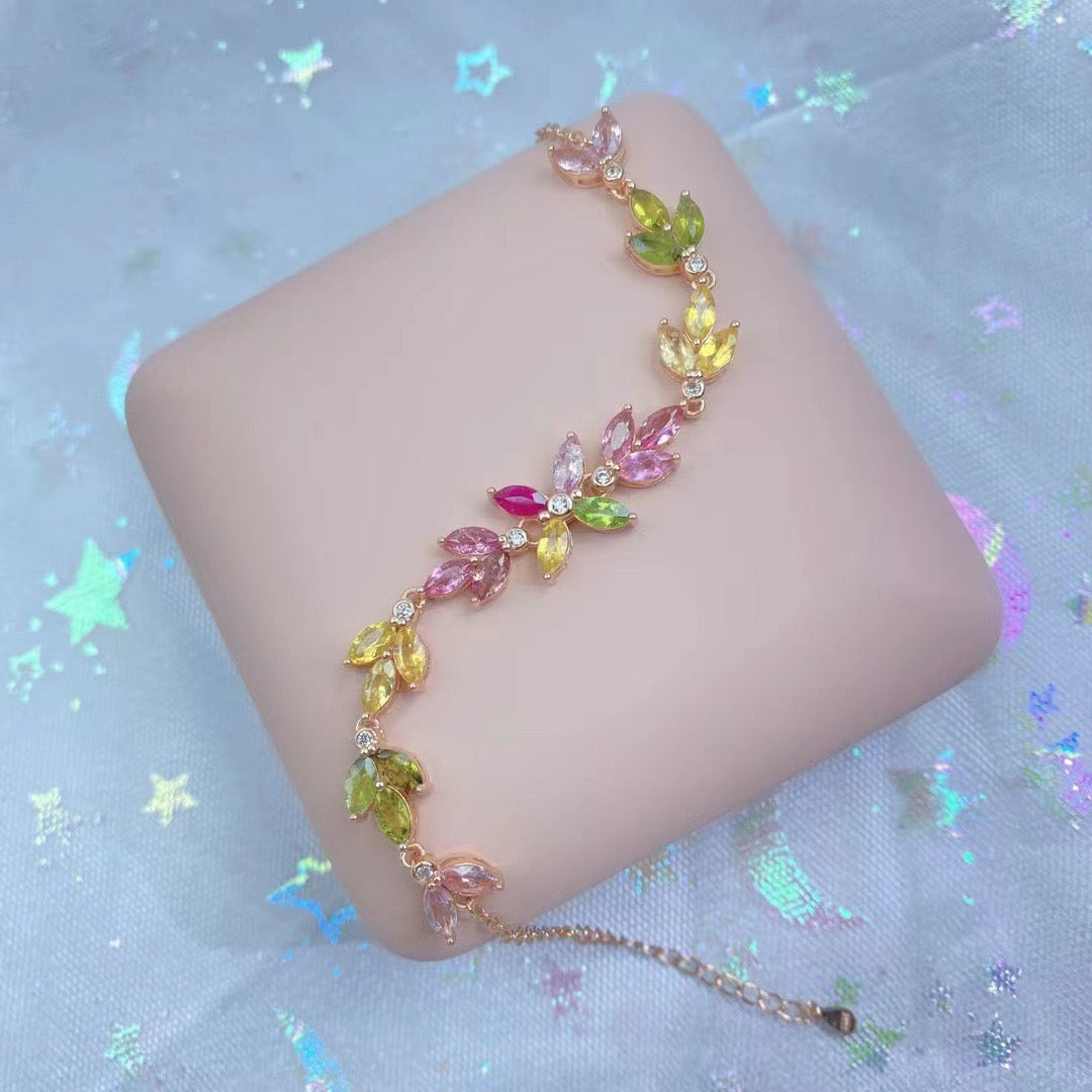 Natural Tourmaline S925 Sterling Silver FloralLeaf Sparkle Bracelet Colorful Watermelon Tourmaline Elegant Bracelet