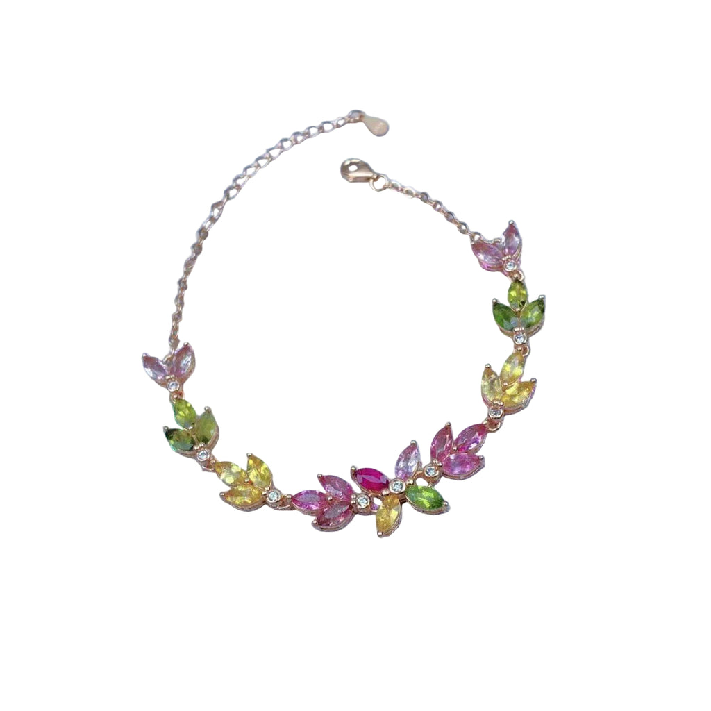 Natural Tourmaline S925 Sterling Silver FloralLeaf Sparkle Bracelet Colorful Watermelon Tourmaline Elegant Bracelet