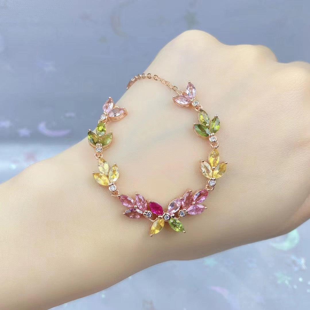 Natural Tourmaline S925 Sterling Silver FloralLeaf Sparkle Bracelet Colorful Watermelon Tourmaline Elegant Bracelet