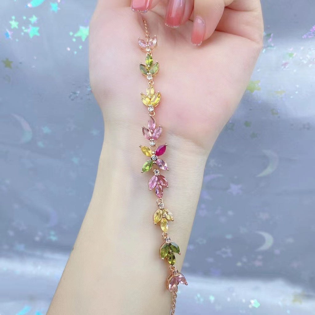 Natural Tourmaline S925 Sterling Silver FloralLeaf Sparkle Bracelet Colorful Watermelon Tourmaline Elegant Bracelet
