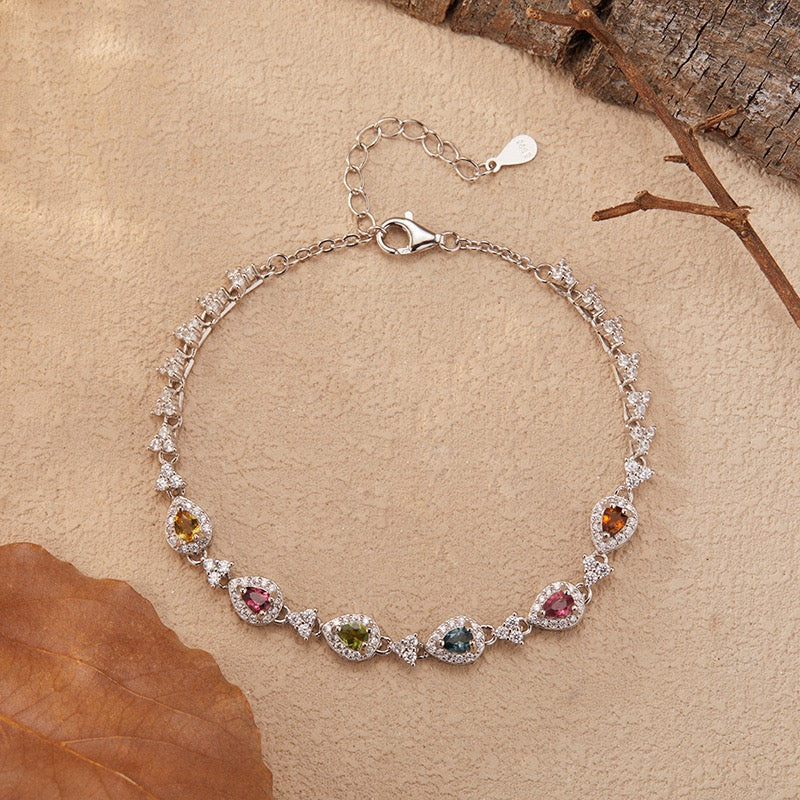 Natural Tourmaline S925 Sterling Silver TeardropGems Bracelet Colorful Watermelon Tourmaline Elegant Bracelet