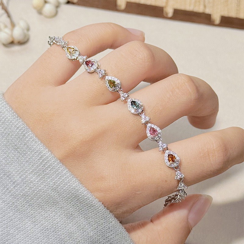 Natural Tourmaline S925 Sterling Silver TeardropGems Bracelet Colorful Watermelon Tourmaline Elegant Bracelet
