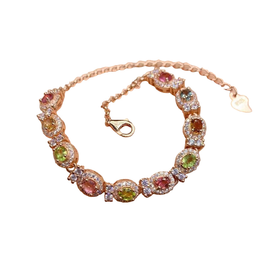 Natural Tourmaline S925 Sterling Silver FloralLeaf Sparkle Bracelet Colorful Watermelon Tourmaline Elegant Bracelet