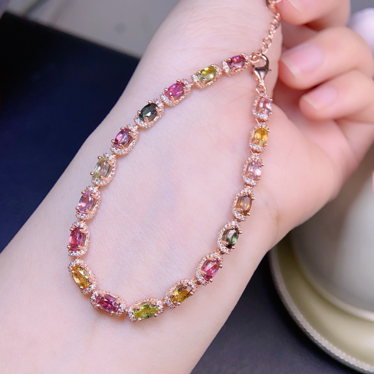 Natural Tourmaline S925 Sterling Silver FloralLeaf Sparkle Bracelet Colorful Watermelon Tourmaline Elegant Bracelet