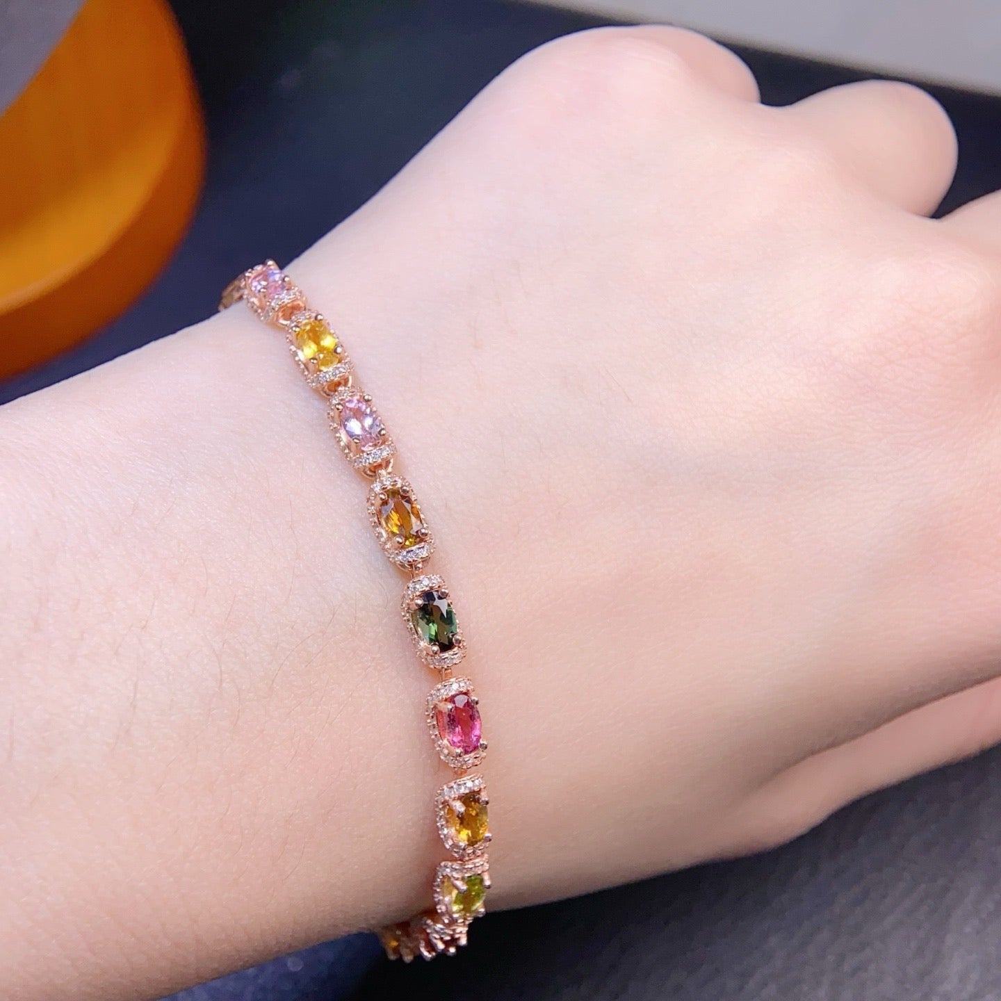 Natural Tourmaline S925 Sterling Silver FloralLeaf Sparkle Bracelet Colorful Watermelon Tourmaline Elegant Bracelet