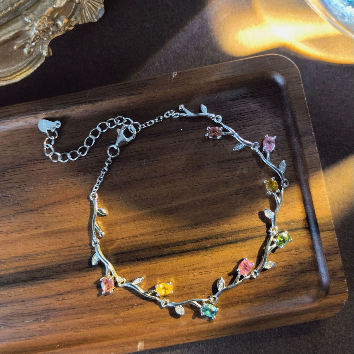 Natural Tourmaline S925 Sterling Silver Vine - Shaped Crystal Bracelet Colorful Watermelon Tourmaline Elegant Bracelet