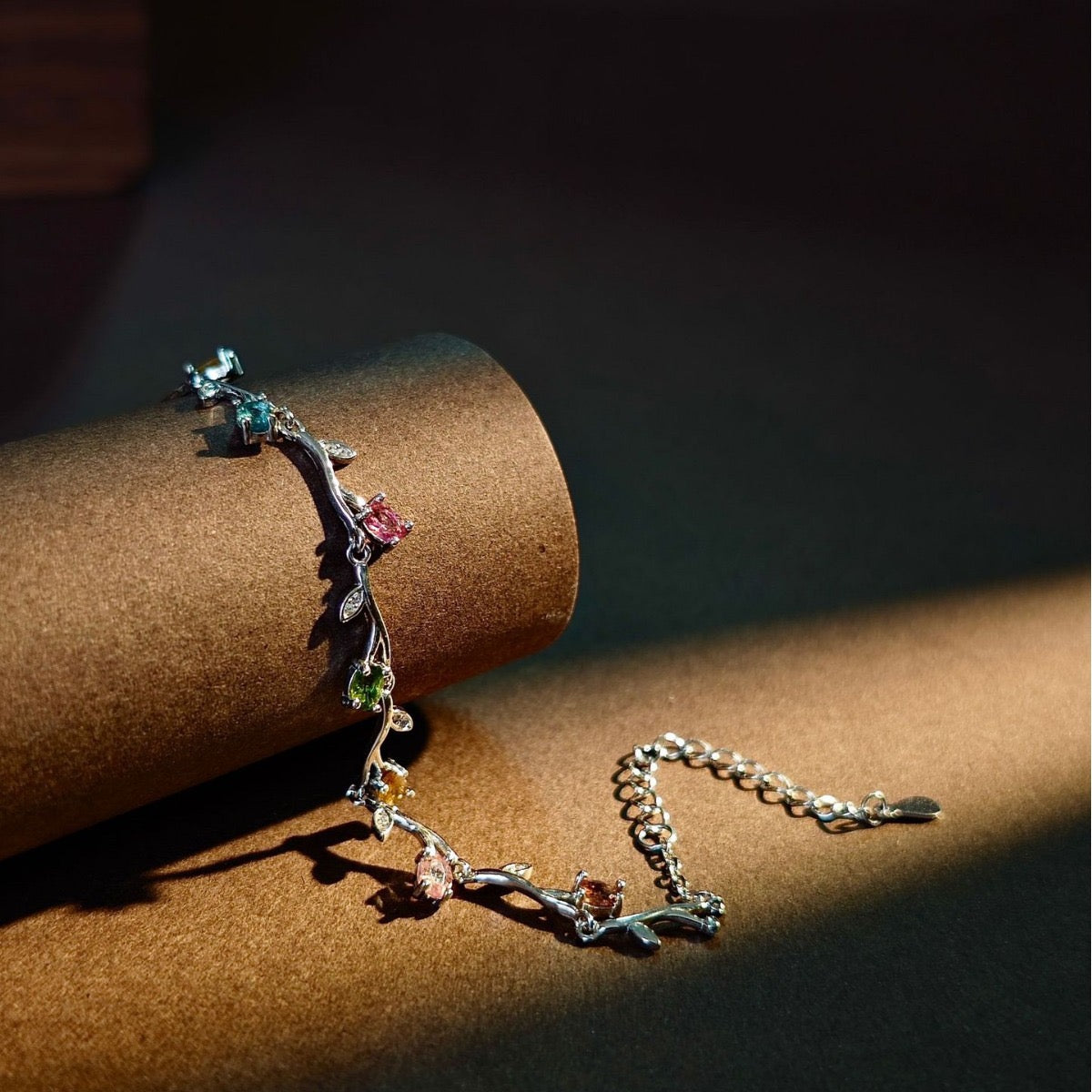 Natural Tourmaline S925 Sterling Silver Vine - Shaped Crystal Bracelet Colorful Watermelon Tourmaline Elegant Bracelet