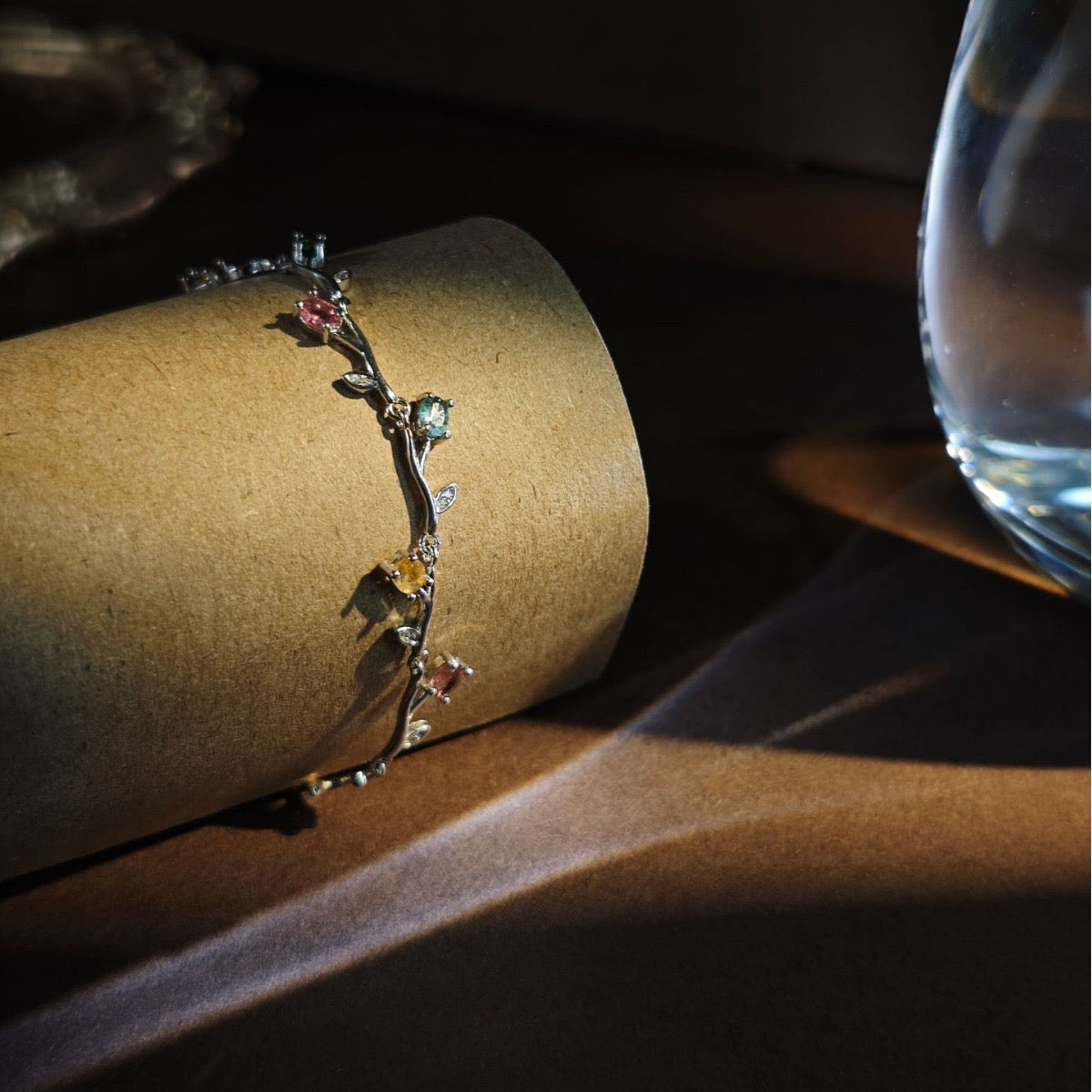 Natural Tourmaline S925 Sterling Silver Vine - Shaped Crystal Bracelet Colorful Watermelon Tourmaline Elegant Bracelet