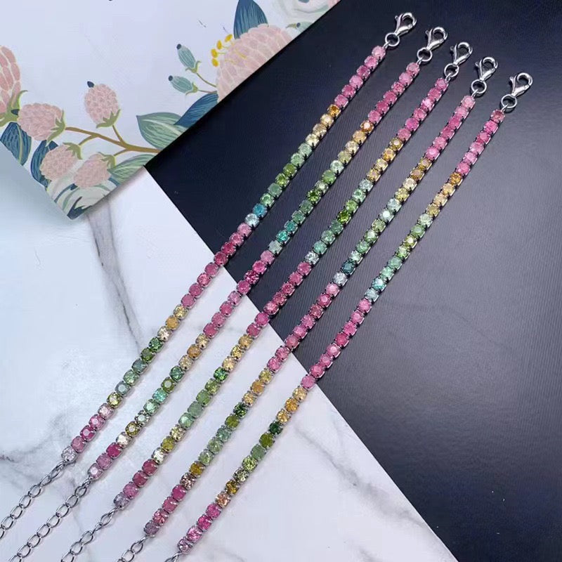 Natural Tourmaline S925 Sterling Silver Macaron Candy - Colored Dopamine Luck Tennis - Inspired Bracelet