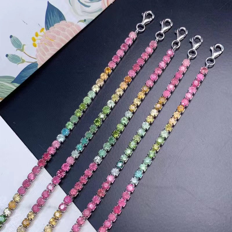 Natural Tourmaline S925 Sterling Silver Macaron Candy - Colored Dopamine Luck Tennis - Inspired Bracelet