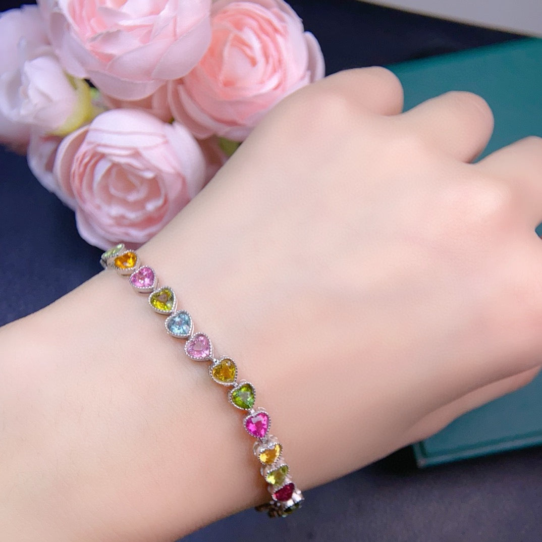 Natural Tourmaline S925 Sterling SilverHeart - Shaped Dopamine Tourmaline Bracelet with Lobster Clasp