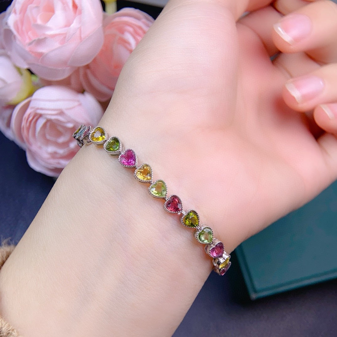 Natural Tourmaline S925 Sterling SilverHeart - Shaped Dopamine Tourmaline Bracelet with Lobster Clasp