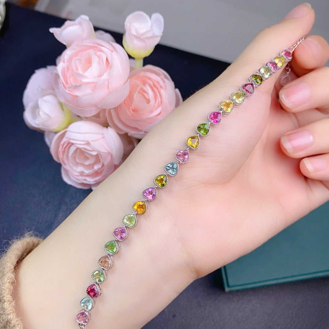 Natural Tourmaline S925 Sterling SilverHeart - Shaped Dopamine Tourmaline Bracelet with Lobster Clasp