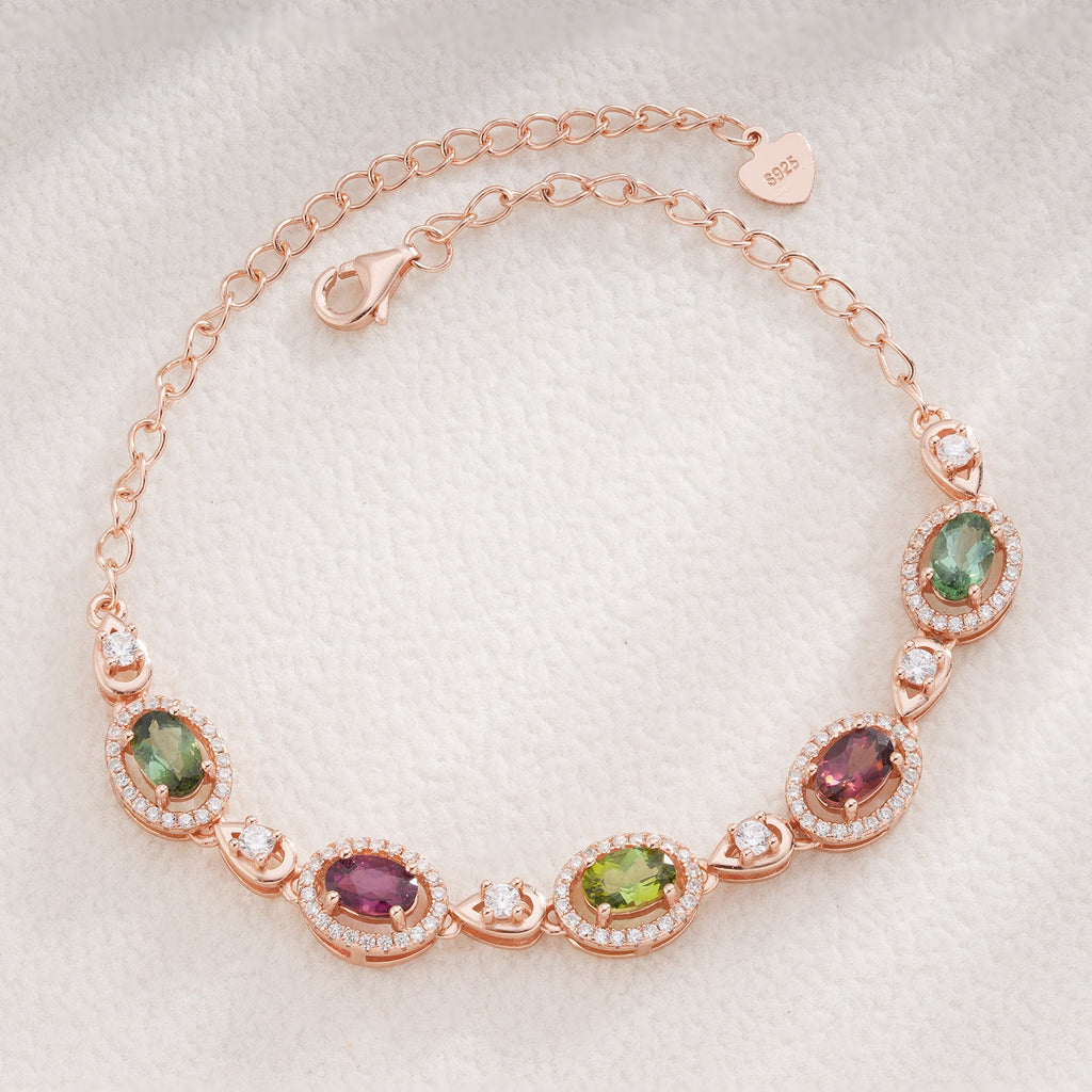 Natural Tourmaline S925 Sterling Rose Gold Forest Red Tourmaline Oval Elegant Bracelet