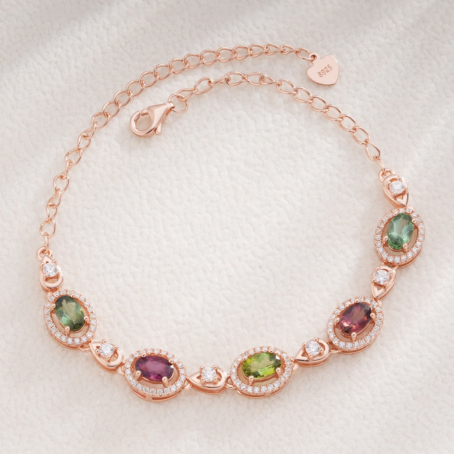 Natural Tourmaline S925 Sterling Rose Gold Forest Red Tourmaline Oval Elegant Bracelet