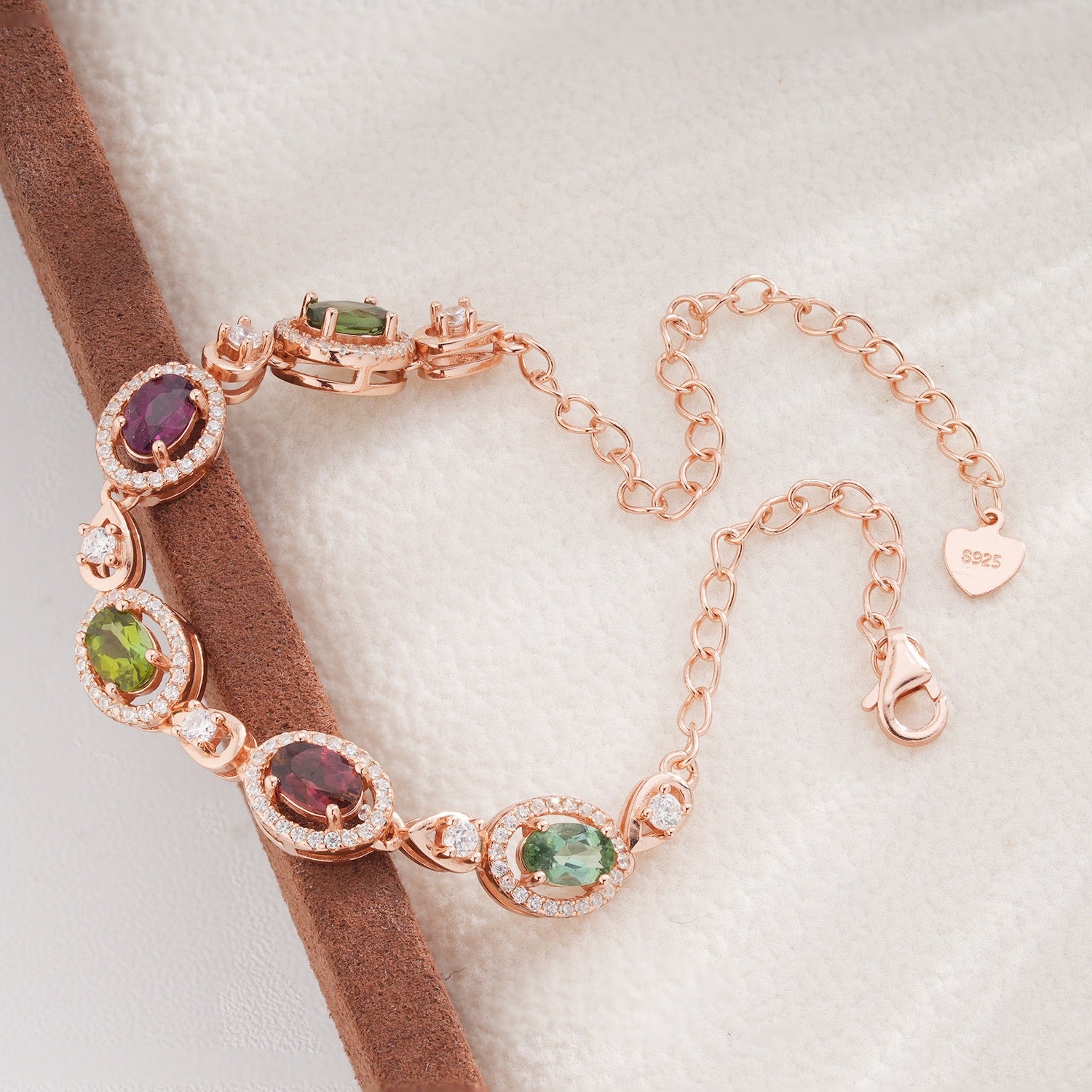 Natural Tourmaline S925 Sterling Rose Gold Forest Red Tourmaline Oval Elegant Bracelet