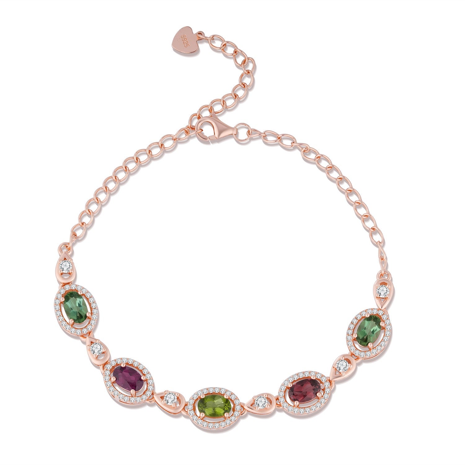 Natural Tourmaline S925 Sterling Rose Gold Forest Red Tourmaline Oval Elegant Bracelet