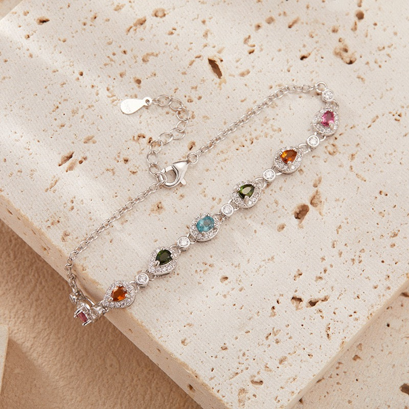 Natural Tourmaline S925 Sterling Trendy Colorful Gemstone Bracelet - Dainty Silver Chain with Multi - Color Stones