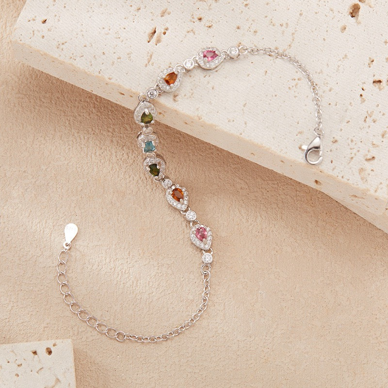 Natural Tourmaline S925 Sterling Trendy Colorful Gemstone Bracelet - Dainty Silver Chain with Multi - Color Stones