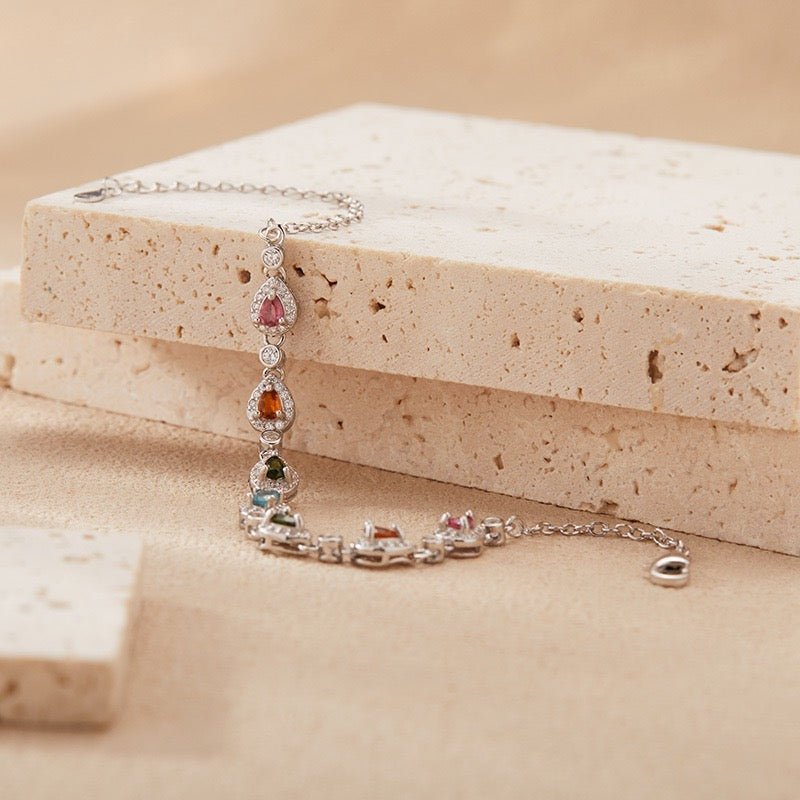Natural Tourmaline S925 Sterling Trendy Colorful Gemstone Bracelet - Dainty Silver Chain with Multi - Color Stones