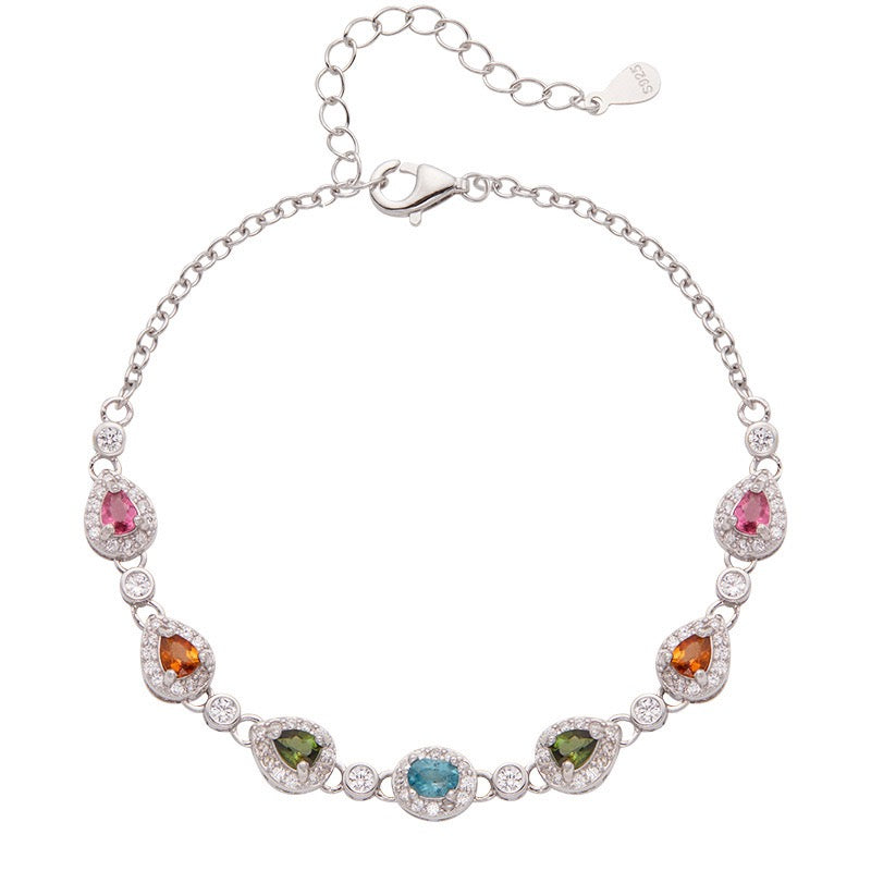 Natural Tourmaline S925 Sterling Trendy Colorful Gemstone Bracelet - Dainty Silver Chain with Multi - Color Stones