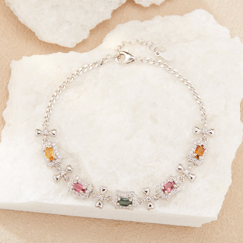 Natural Tourmaline S925 Sterling Trendy Bow - Decorated Bracelet with Colorful Gemstones - Chic Silver Jewelry