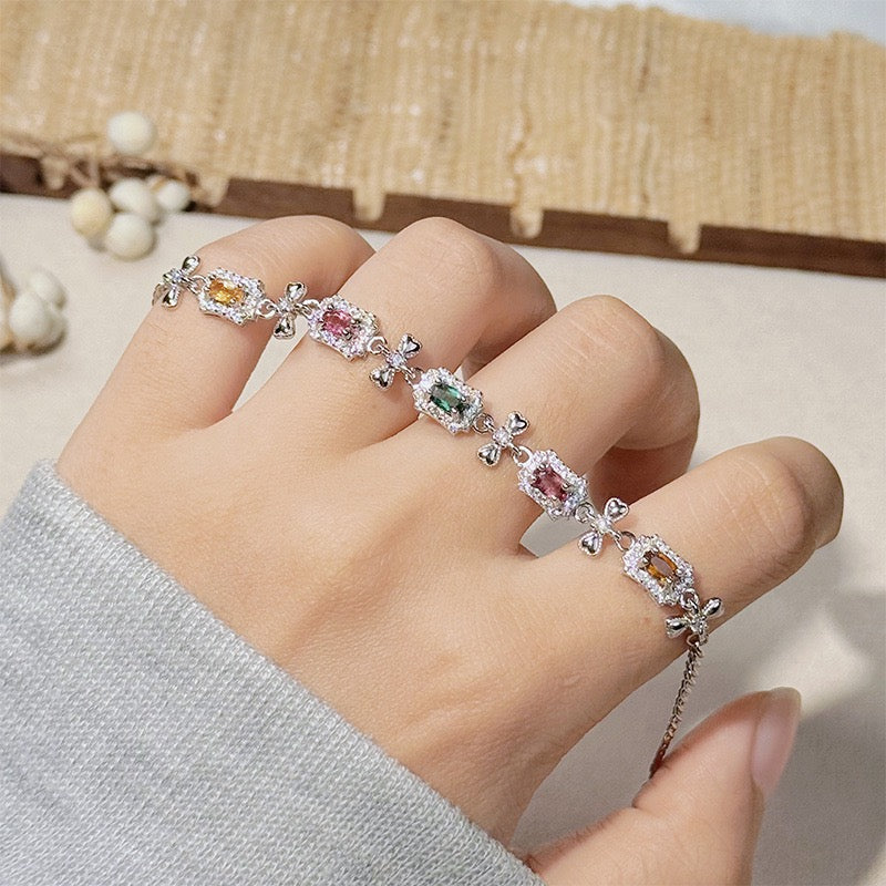 Natural Tourmaline S925 Sterling Trendy Bow - Decorated Bracelet with Colorful Gemstones - Chic Silver Jewelry