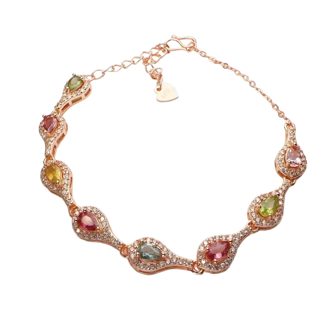 Natural Tourmaline S925 Sterling Trendy Luxury Rose Gold Bracelet with Colorful Teardrop Gemstones