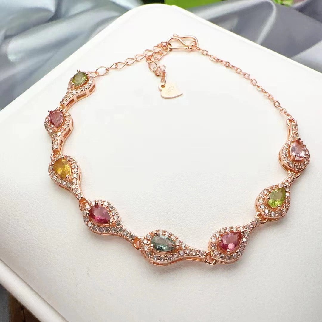 Natural Tourmaline S925 Sterling Trendy Luxury Rose Gold Bracelet with Colorful Teardrop Gemstones