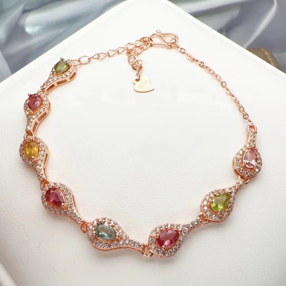 Natural Tourmaline S925 Sterling Trendy Luxury Rose Gold Bracelet with Colorful Teardrop Gemstones