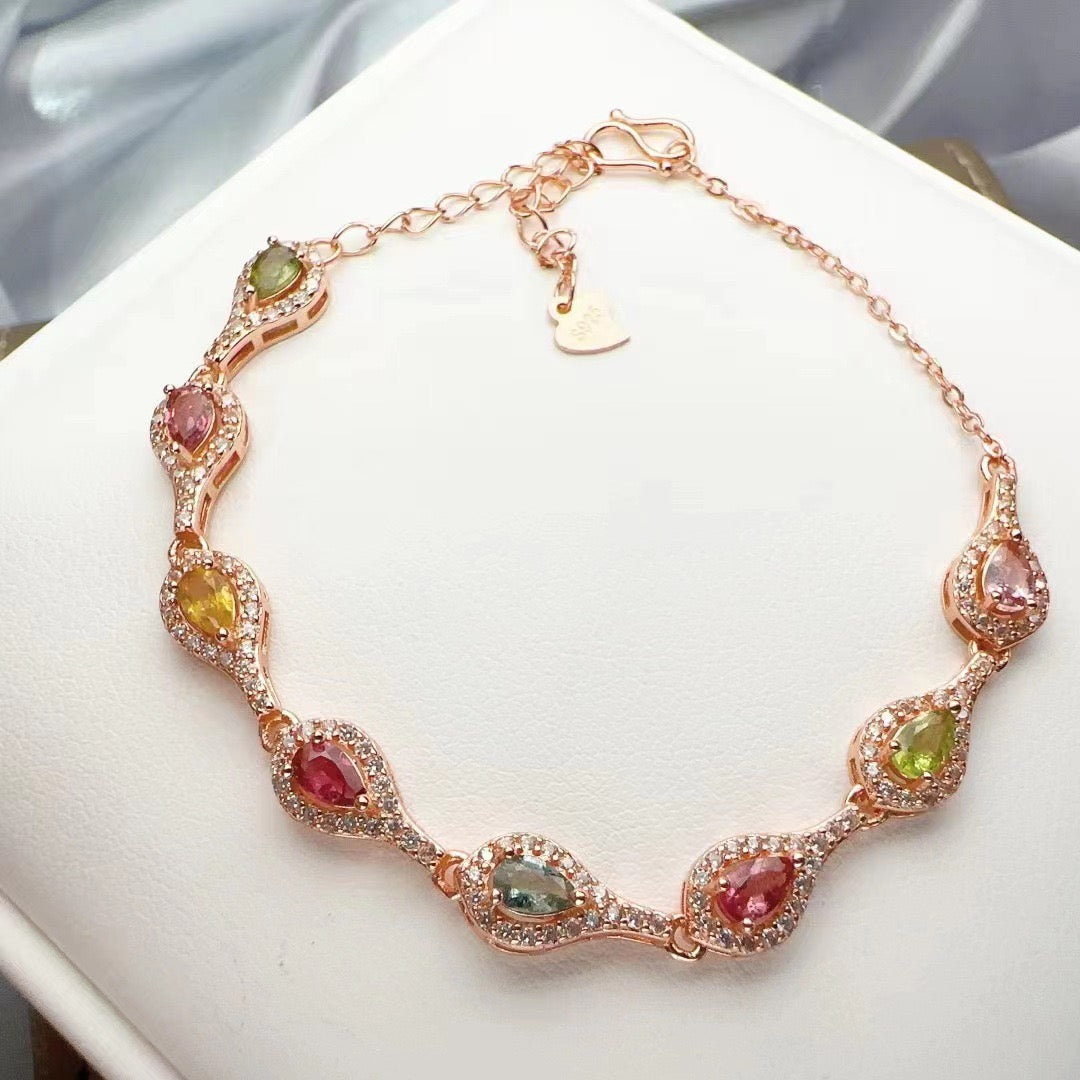 Natural Tourmaline S925 Sterling Trendy Luxury Rose Gold Bracelet with Colorful Teardrop Gemstones