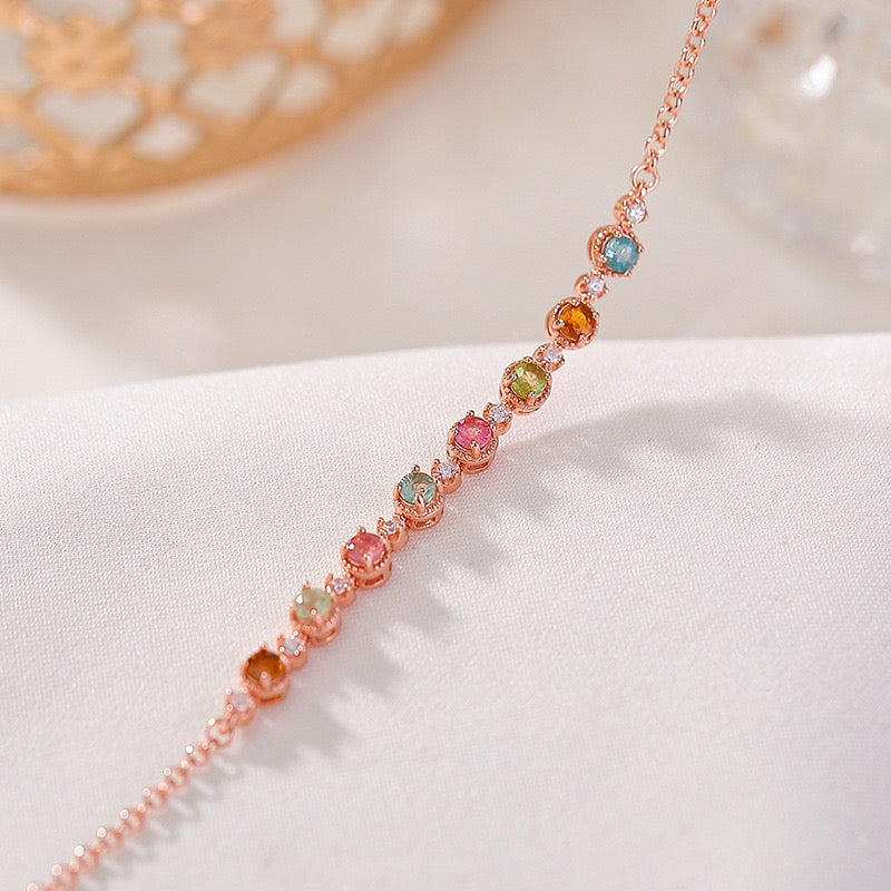 Natural Tourmaline S925 Sterling Trendy Luxury Colorful Cute Candy Gem Rose Gold Bracelet - Must - Have Fashion Jewelry