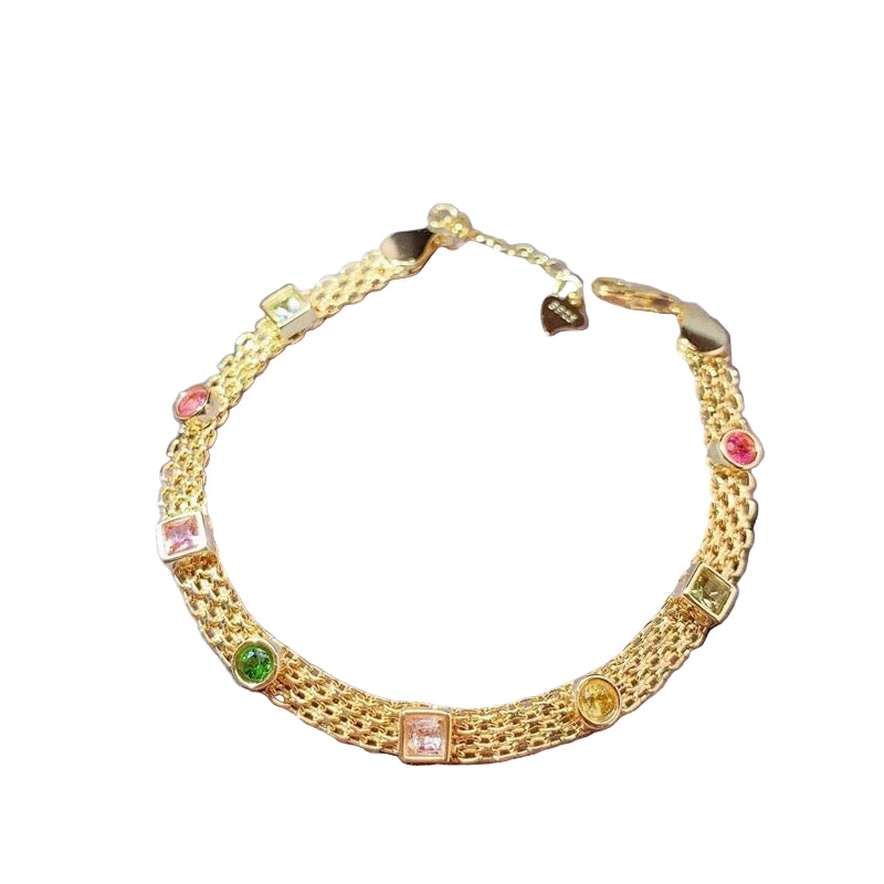 Natural Tourmaline S925 Sterling Chic Gold Mesh Bracelet: Colorful Mini Gem "Candy" Accents