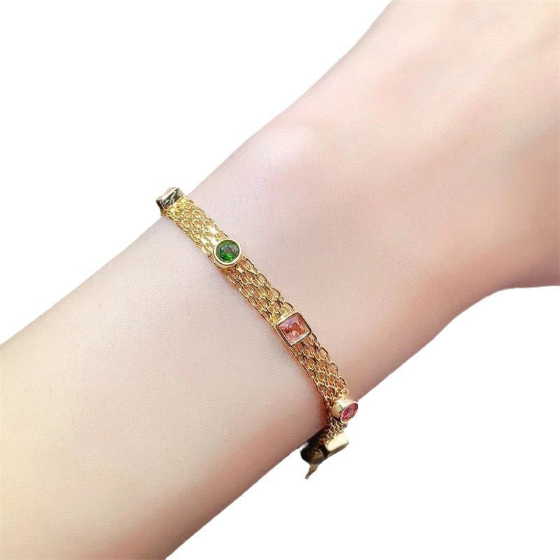 Natural Tourmaline S925 Sterling Chic Gold Mesh Bracelet: Colorful Mini Gem "Candy" Accents