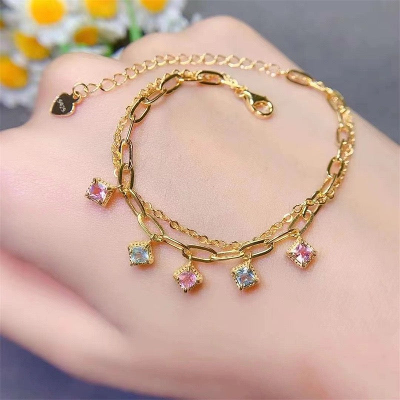 Natural Tourmaline S925 Sterling Trendy Double - Layered Gold Bracelet with Colorful Square Gem Charms