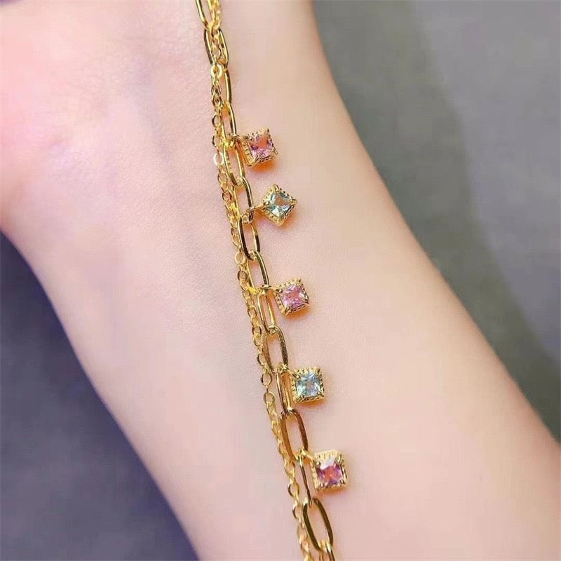 Natural Tourmaline S925 Sterling Trendy Double - Layered Gold Bracelet with Colorful Square Gem Charms