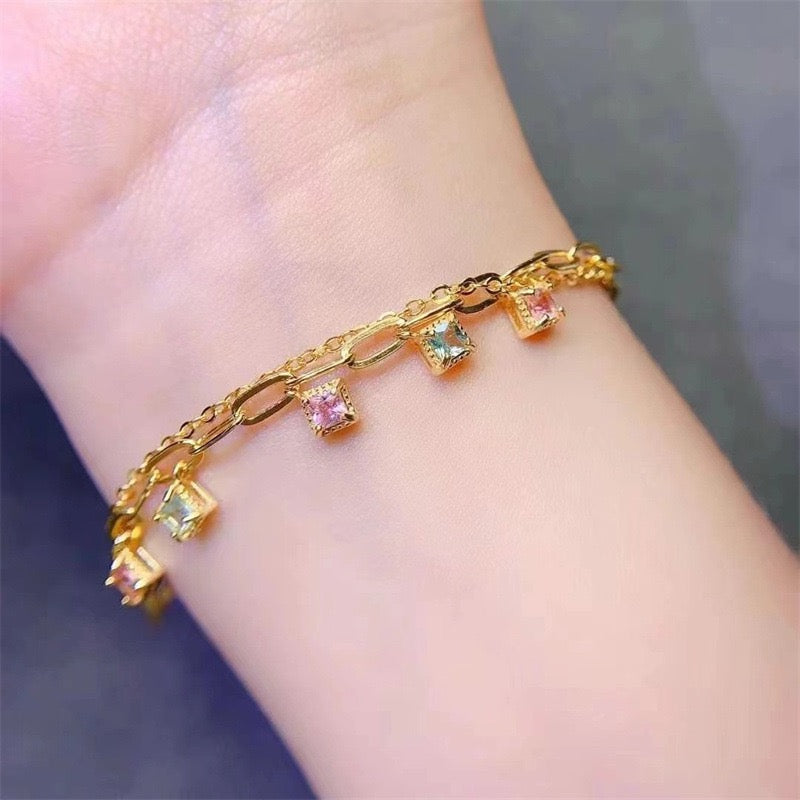 Natural Tourmaline S925 Sterling Trendy Double - Layered Gold Bracelet with Colorful Square Gem Charms