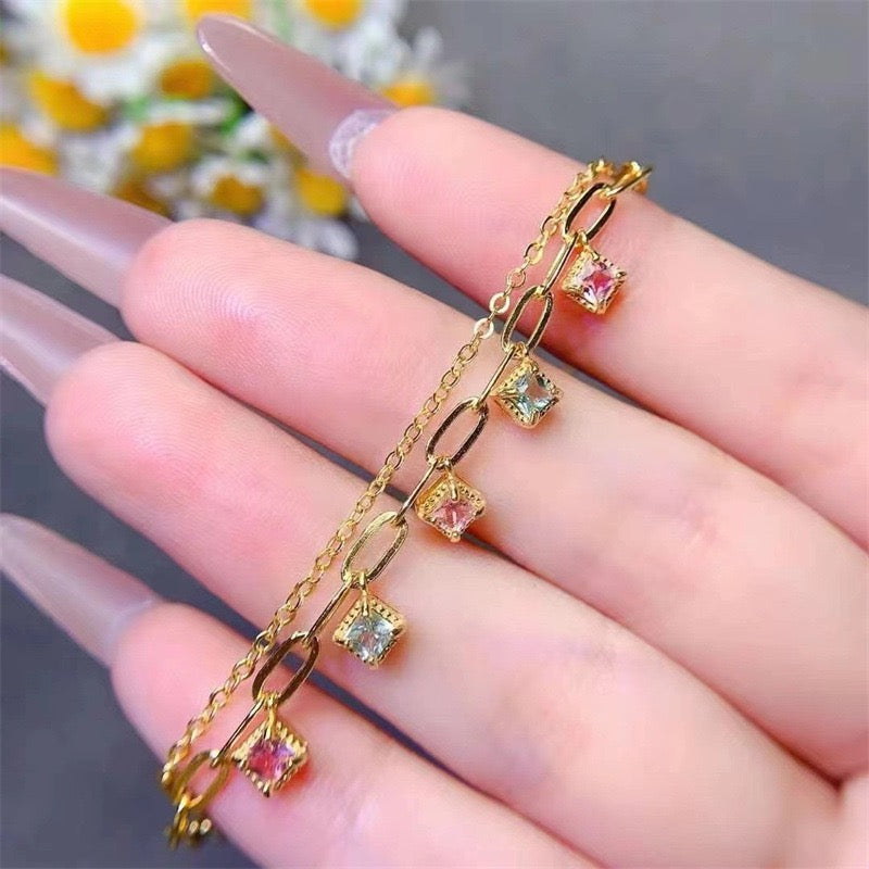 Natural Tourmaline S925 Sterling Trendy Double - Layered Gold Bracelet with Colorful Square Gem Charms