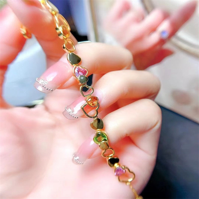 Natural Tourmaline S925 Sterling Chic Heart - Design Gold Bracelet: Colorful Gem - Inlaid Hearts