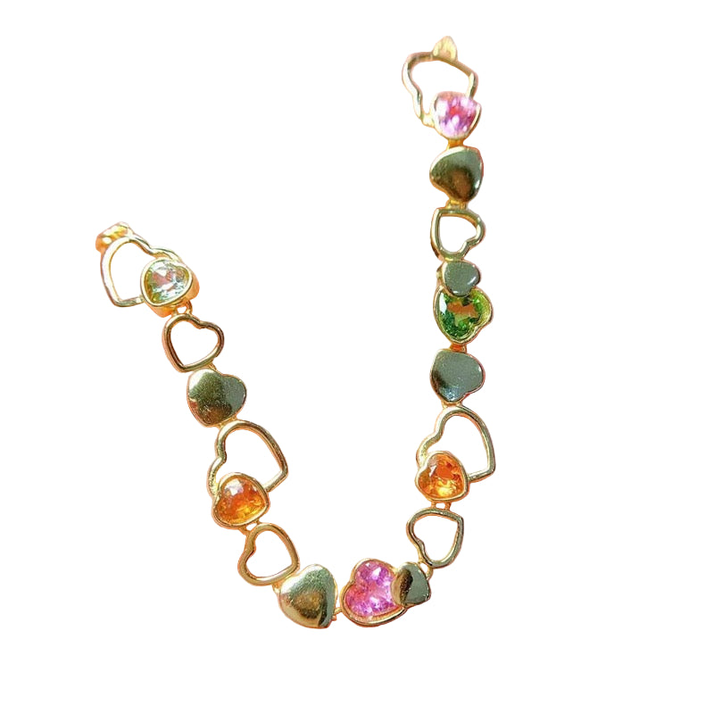Natural Tourmaline S925 Sterling Chic Heart - Design Gold Bracelet: Colorful Gem - Inlaid Hearts