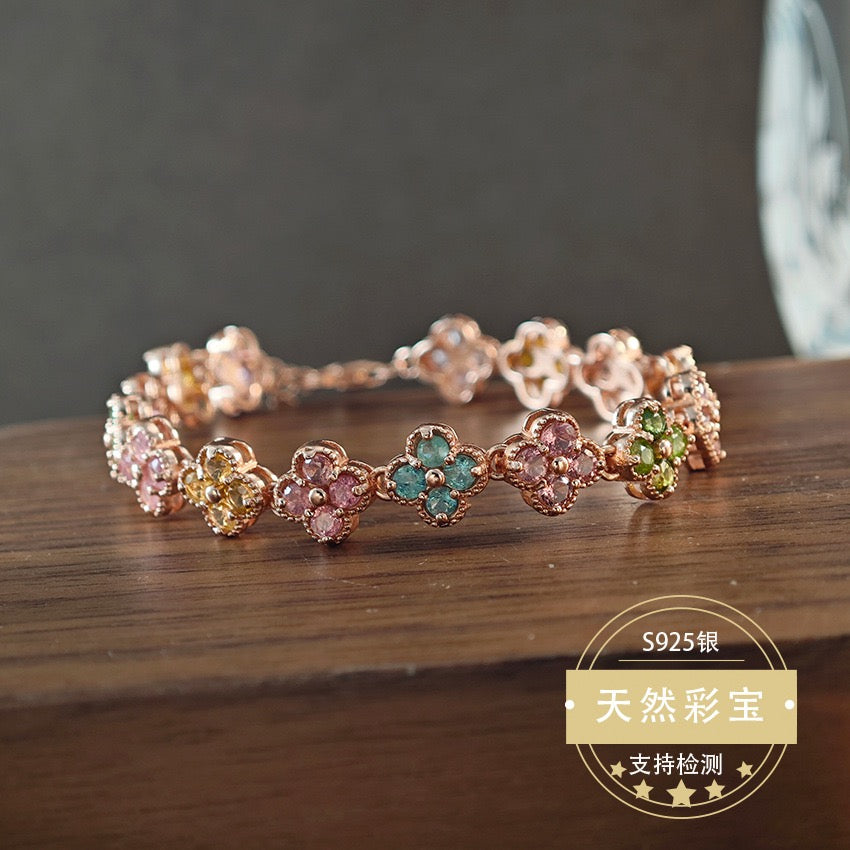 Natural Tourmaline S925 Sterling Chic Four - Leaf Clover Rose Gold Bracelet - Colorful Gem Inlays