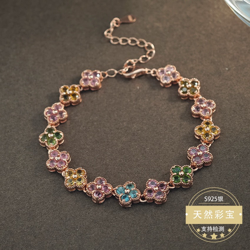 Natural Tourmaline S925 Sterling Chic Four - Leaf Clover Rose Gold Bracelet - Colorful Gem Inlays