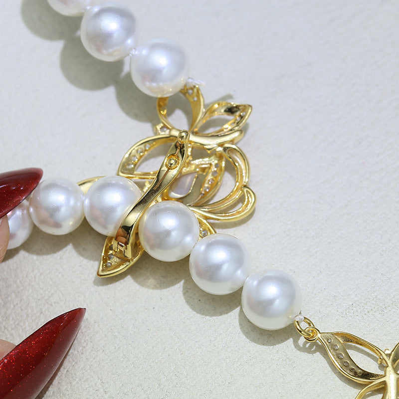 S925 Sterling Silver Butterfly Pearl Necklace Sweater Chain Clip Buckle Belt Buckle