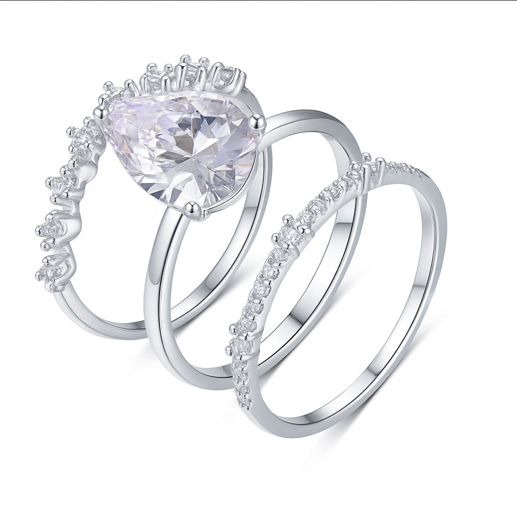 S925 Silver Moissanite Three-Piece Ring Set for Women, Internet Celebrity Hot Item, Simple Fashion Wedding Jewelry, Wholesale from Factory Source
