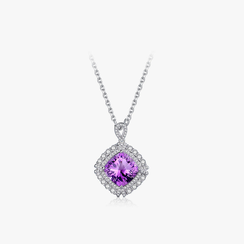 Amethyst Stone Rhombus Necklace S925 Sterling Silver Cold and Silent Elegant Style Clavicle Chain