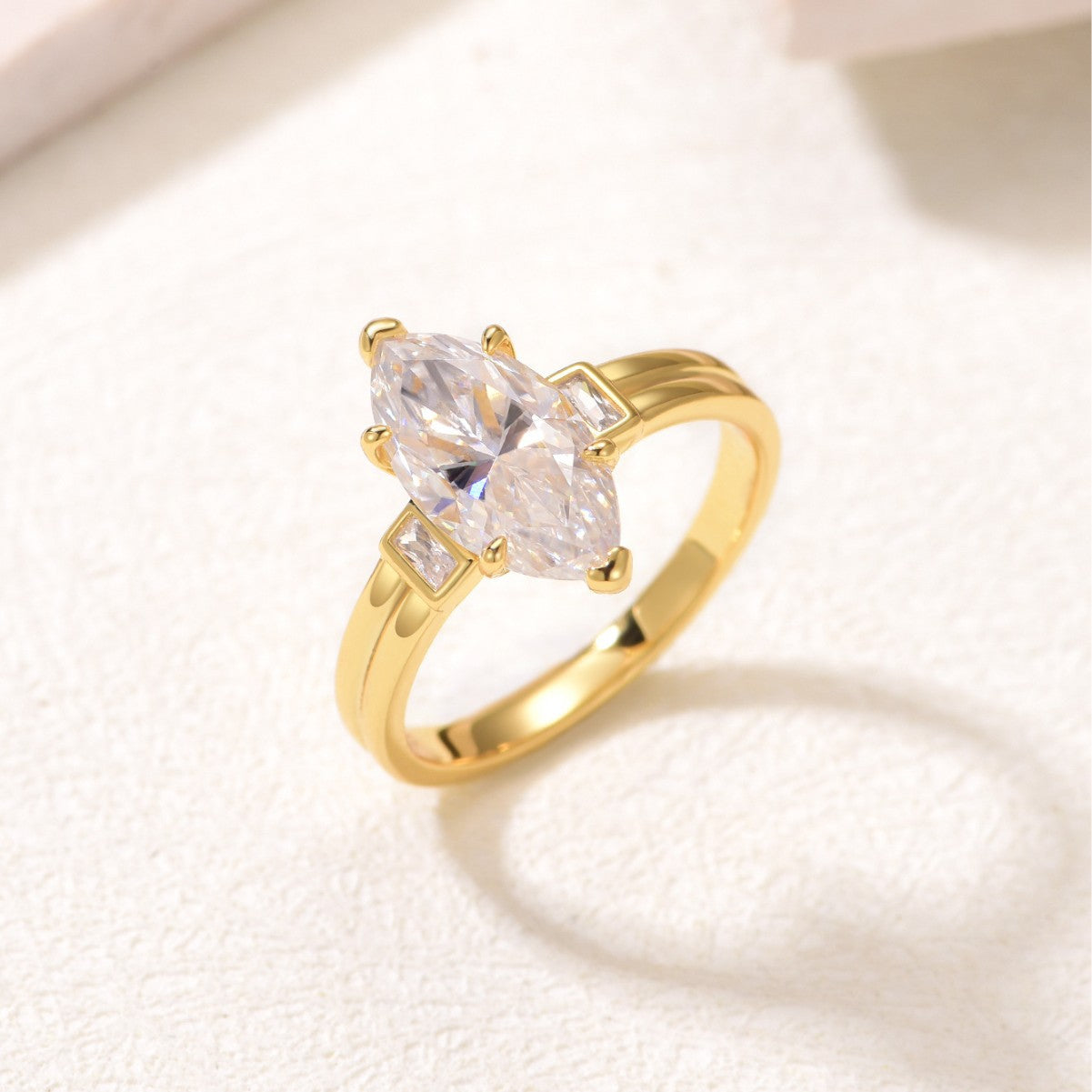 S925 Silver Moissanite Ring with Marquise Main Stone and Trapezoid Side Stone Three-Stone Combination Design Sense Gold Hot Sale