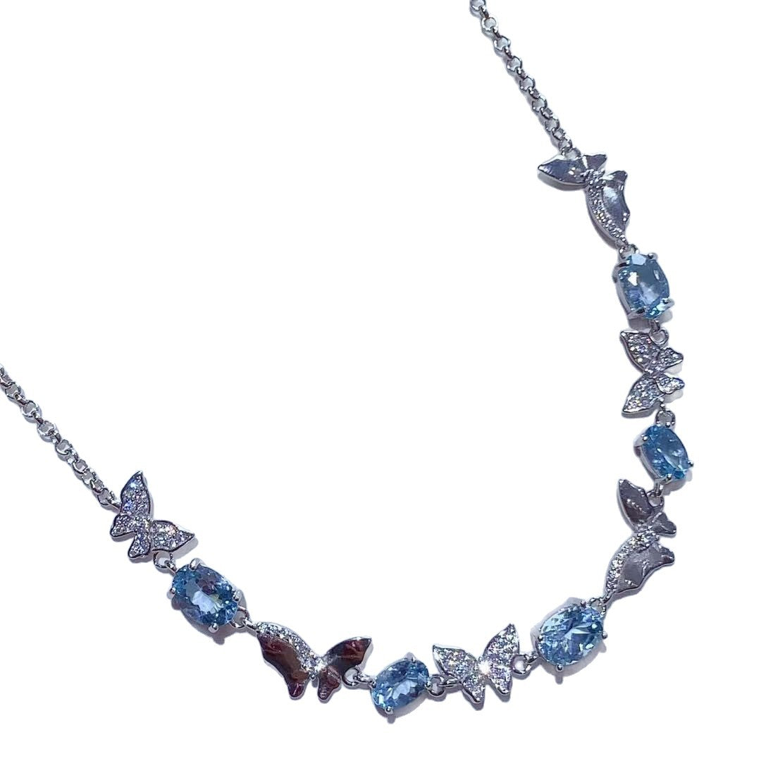Natural Aquamarine Necklace 925 Sterling Silver Butterfly Exquisite Light Luxury Niche Design High-end Colorful Gemstone Collarbone Chain