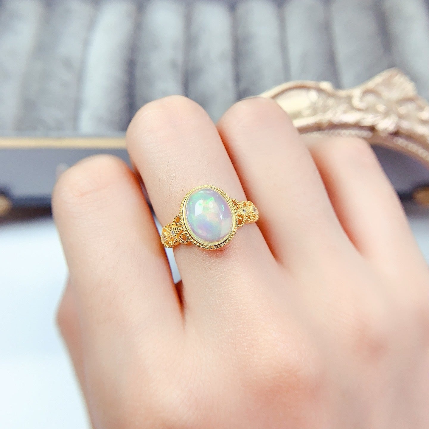 S925 Sterling Silver Natural Opal Ring Fashion Niche Luxury Light Luxury Style Oval 8*10mm Ring